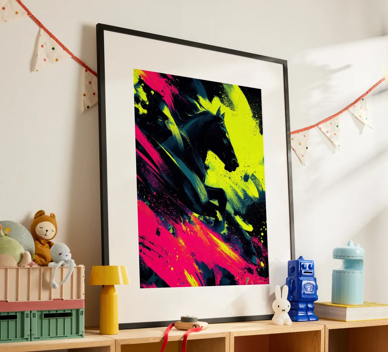 Il cavallo in fuga | Sinfonia di colori al neon poster da Autofocus