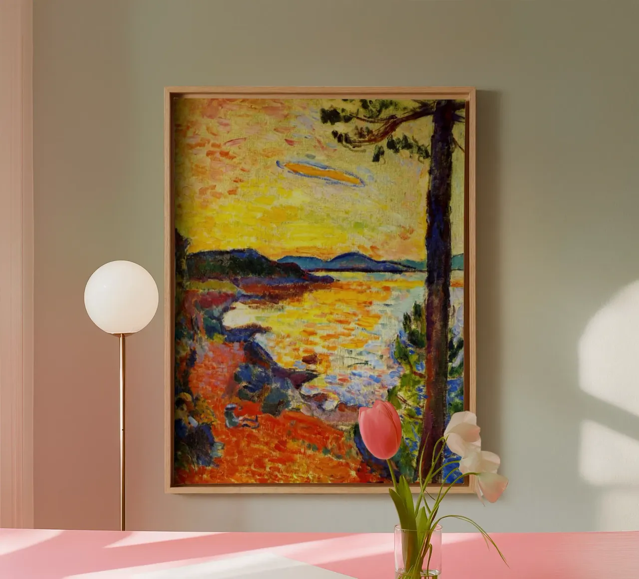 sunset coastline view canvas with Floater frame by briyan shop