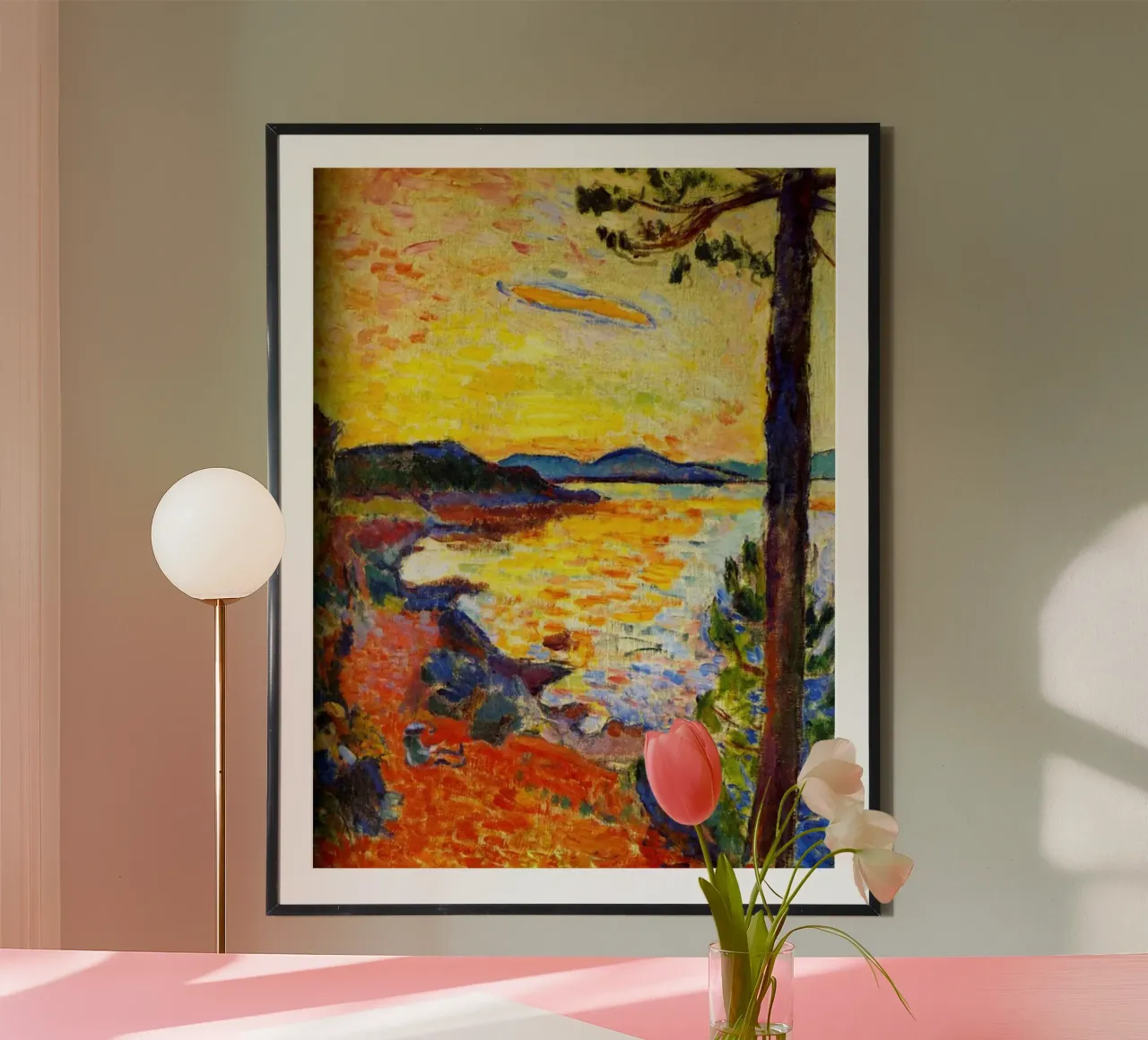 Vue de la côte au coucher du soleil poster avec cadre en aluminium de briyan shop