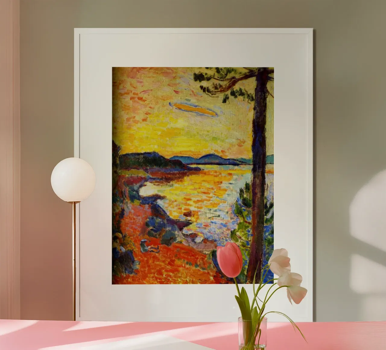 Vue de la côte au coucher du soleil poster avec cadre en aluminium de briyan shop