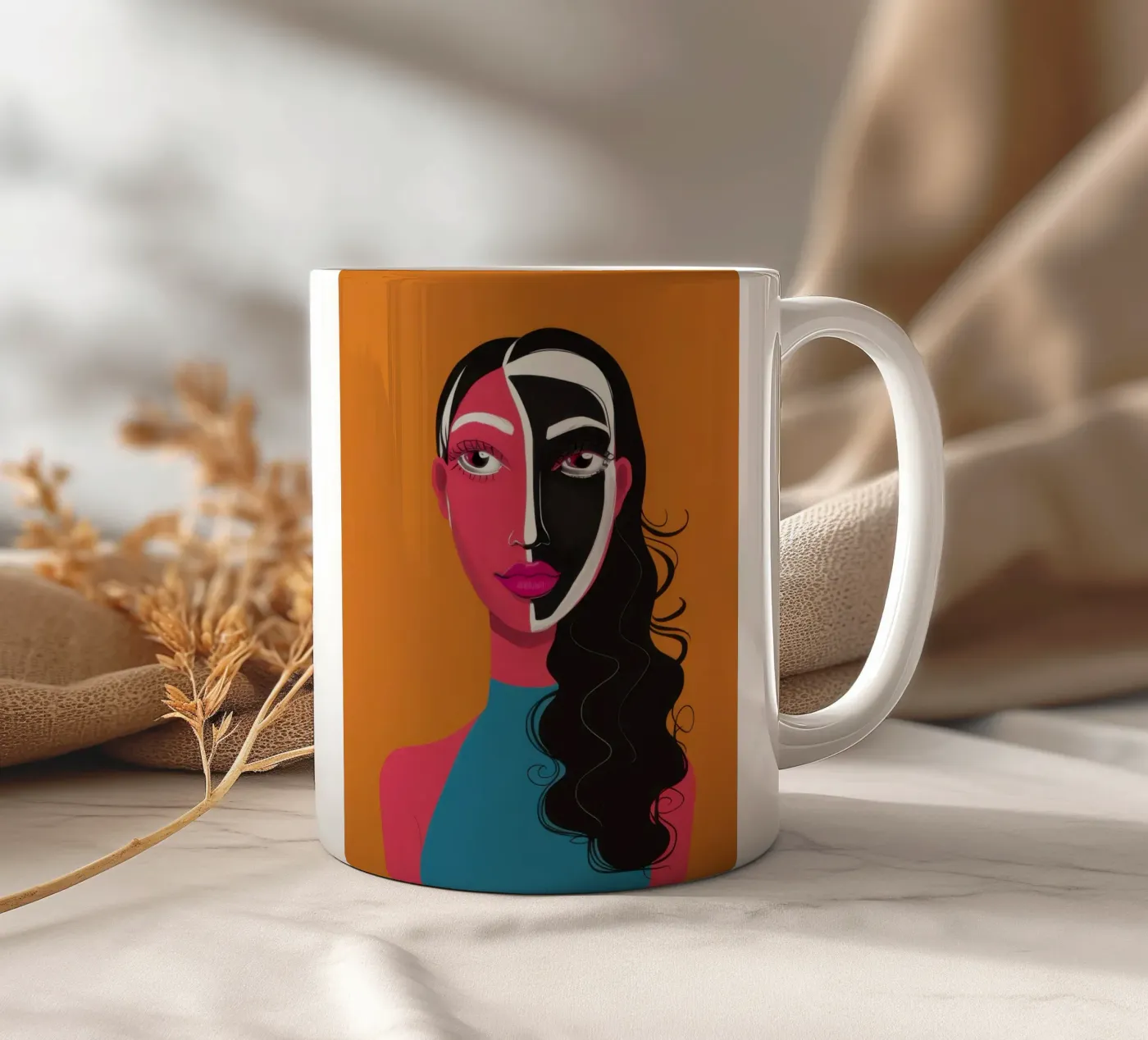 Bicolor Visage Split ceramic mug by Monuments Fire