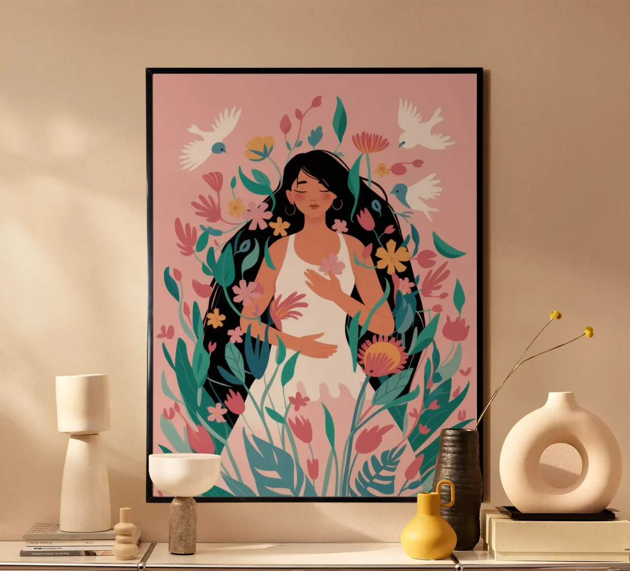 Colomba floreale Serenity poster con telaio in alluminio da Giant Foxs