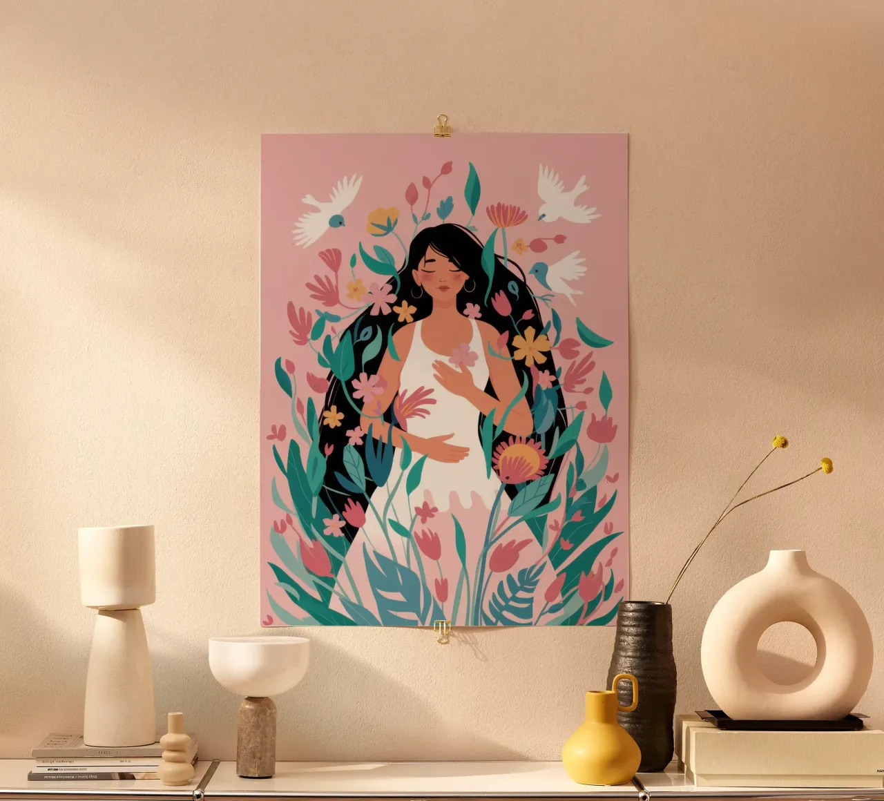 Colomba floreale Serenity poster con telaio in alluminio da Giant Foxs