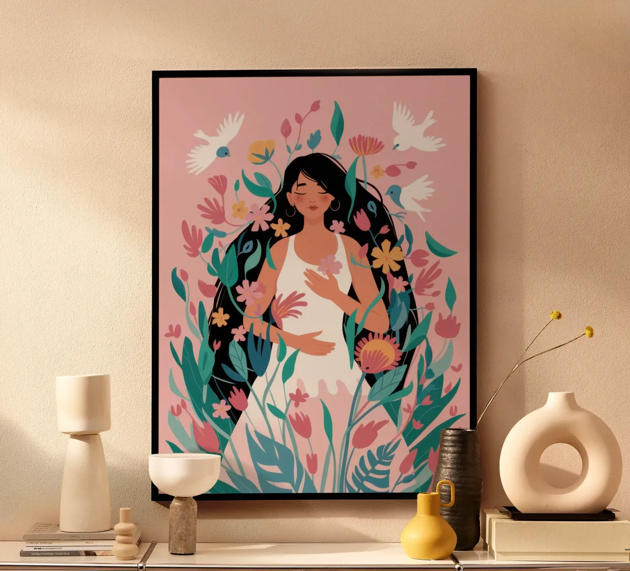 Colomba floreale Serenity poster con telaio in alluminio da Giant Foxs