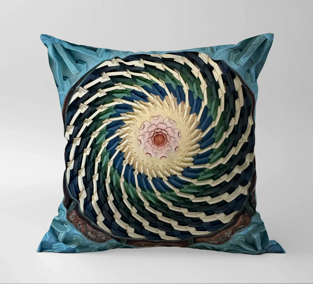 Vibrant spiral pattern on ceiling of a Japanese temple decorative cushion by byrieneke