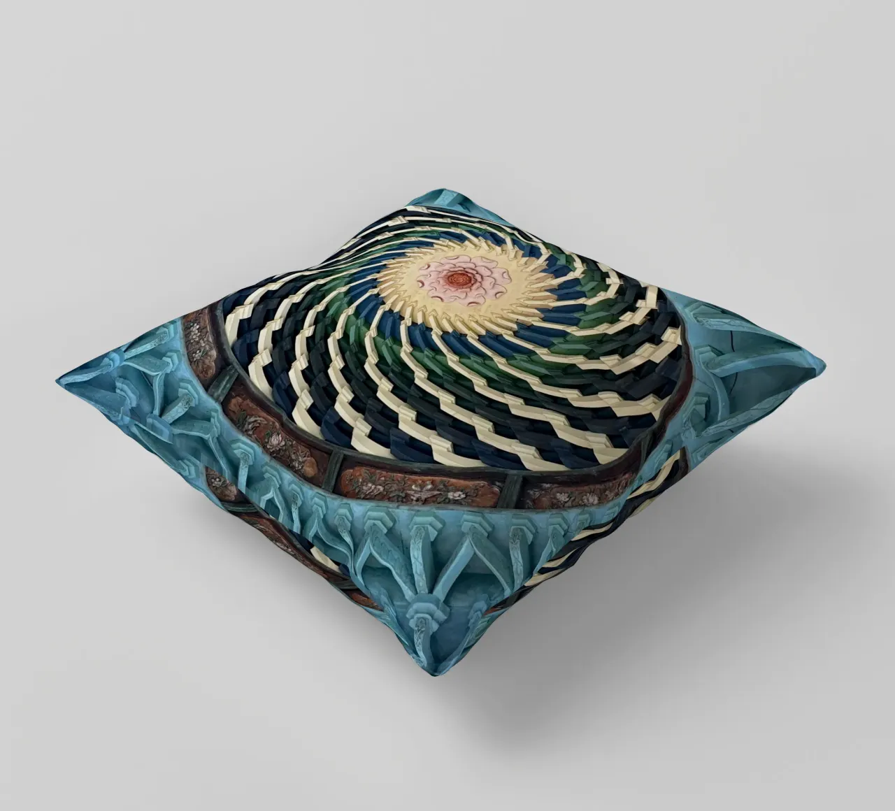 Vibrant spiral pattern on ceiling of a Japanese temple decorative cushion by byrieneke