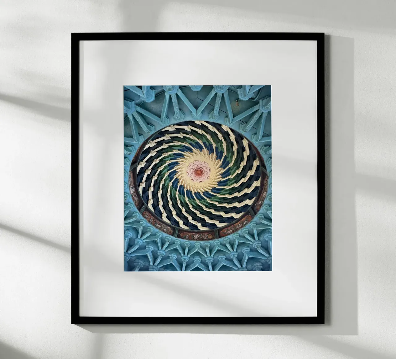 Vibrant spiral pattern on ceiling of a Japanese temple hahnemühle by byrieneke