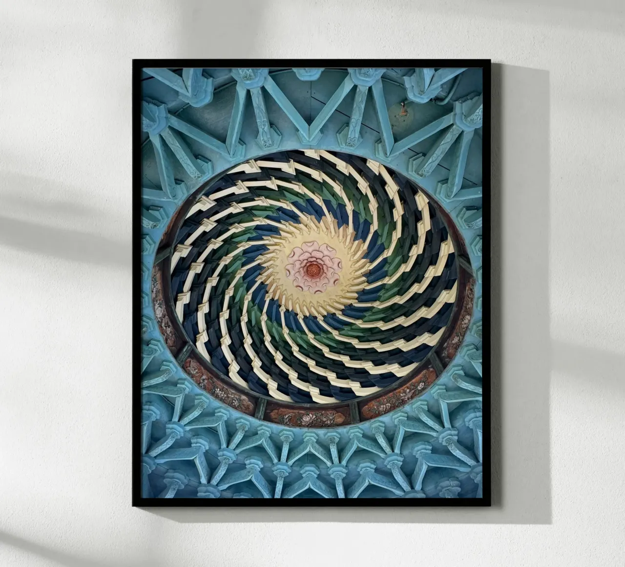 Vibrant spiral pattern on ceiling of a Japanese temple hahnemühle by byrieneke