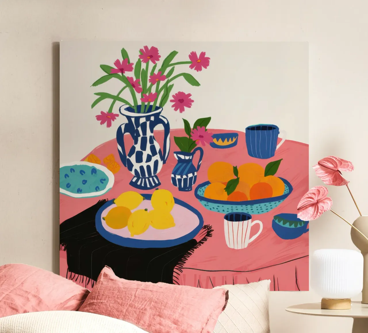 Stilleven met azuurblauwe citroen canvas met Baklijst van Reds Jays