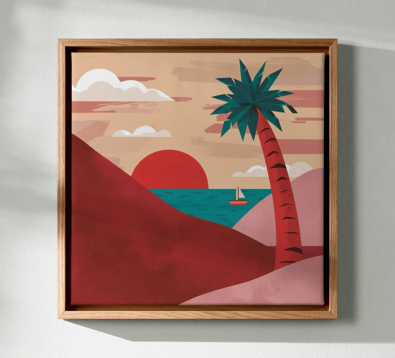 Karmijnrode woestijnzonsondergang canvas met Baklijst van Reds Jays