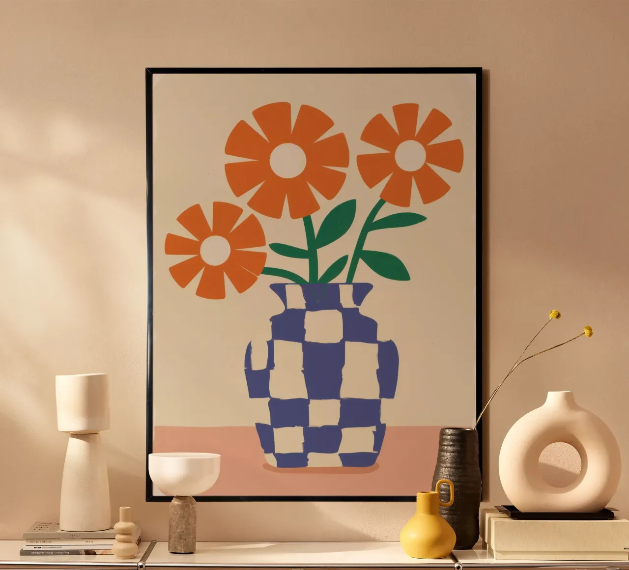 Ballo della margherita a scacchi poster con telaio in legno da Rain Balance