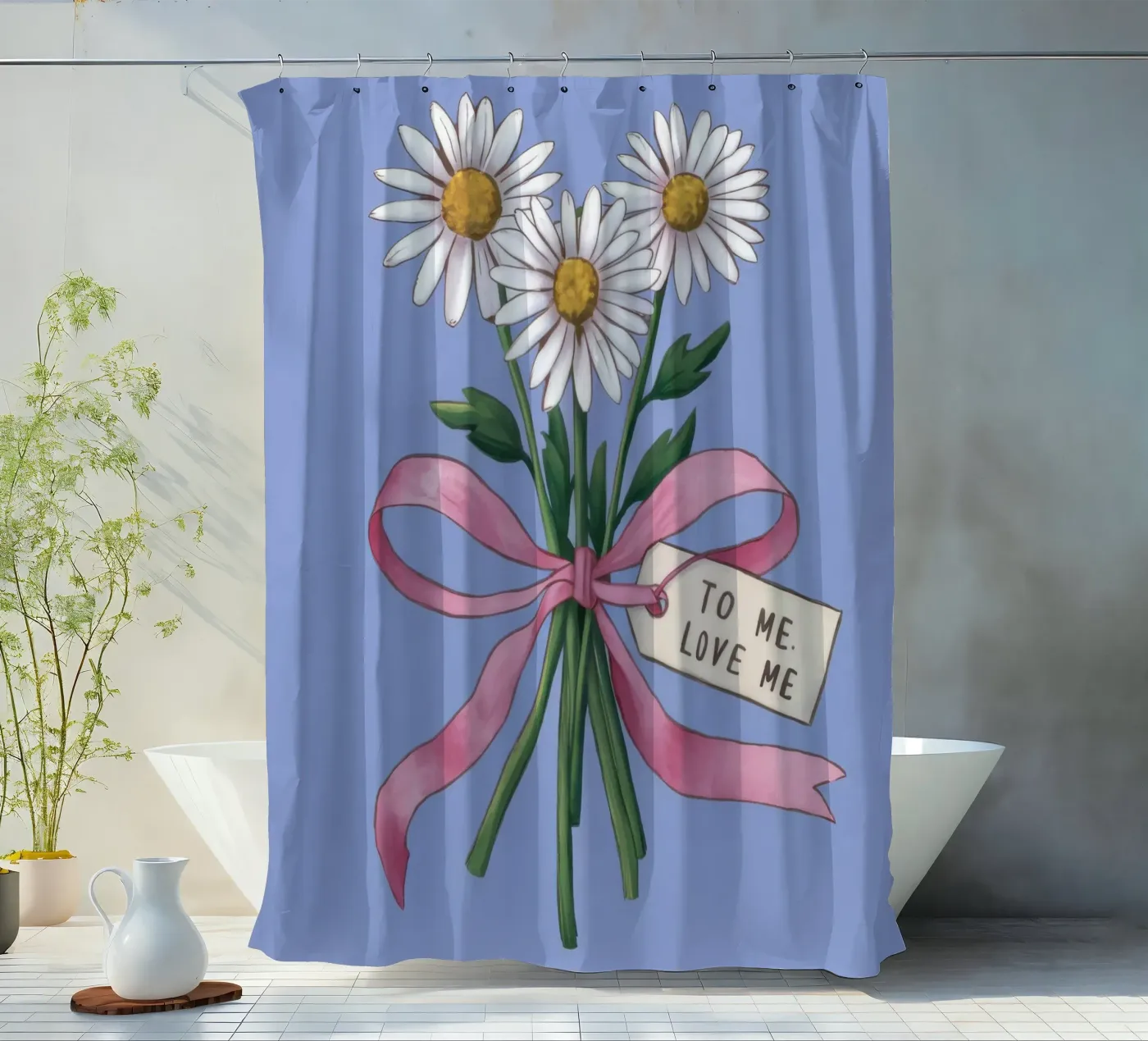 Daisy Note Devotion shower curtain by Rain Balance