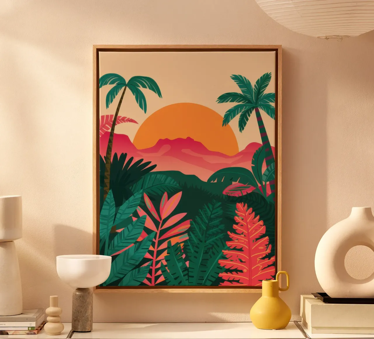 Dschungel-Sonnenuntergang Gelassenheit Leinwand mit Schattenfugenrahmen von Reds Jays