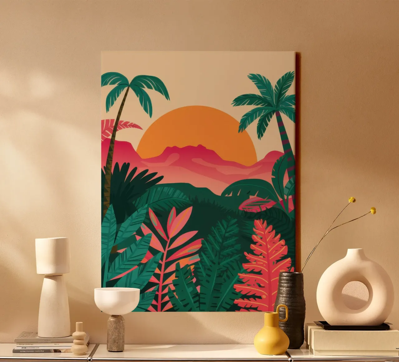 Dschungel-Sonnenuntergang Gelassenheit Leinwand mit Schattenfugenrahmen von Reds Jays