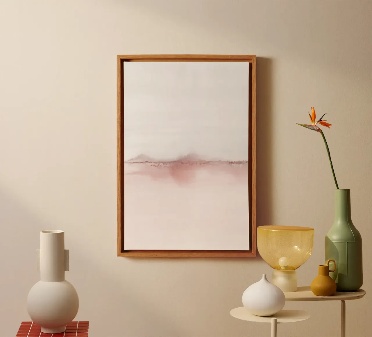 Minimalistisch roze en grijs landschap tweeluik 1/2 canvas met Baklijst van NouveauPrints
