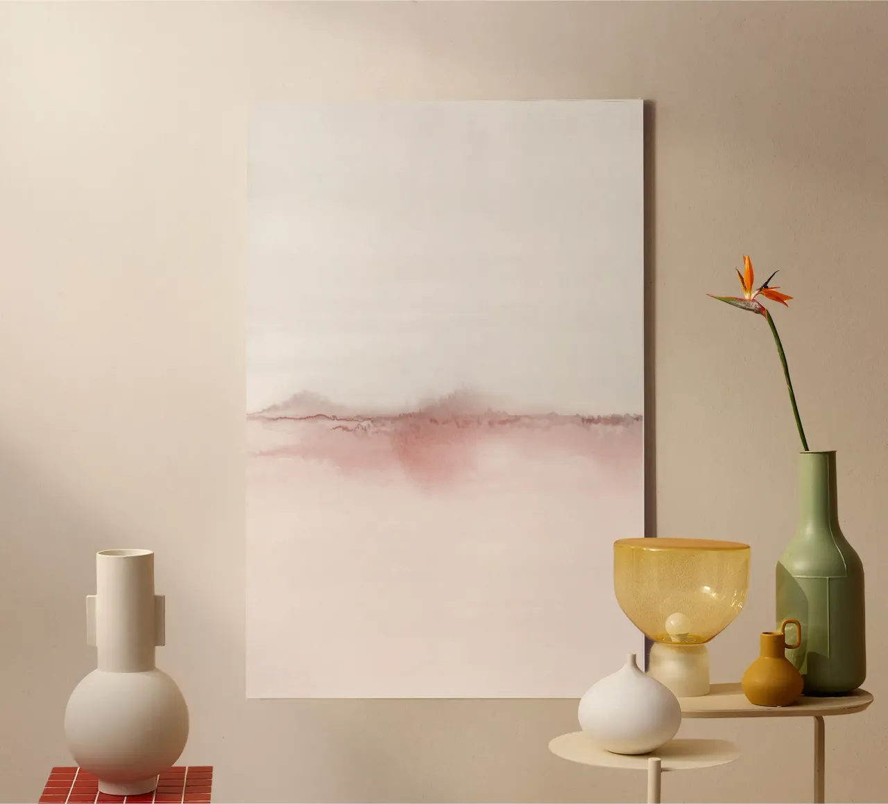 Minimalistisch roze en grijs landschap tweeluik 1/2 canvas met Baklijst van NouveauPrints