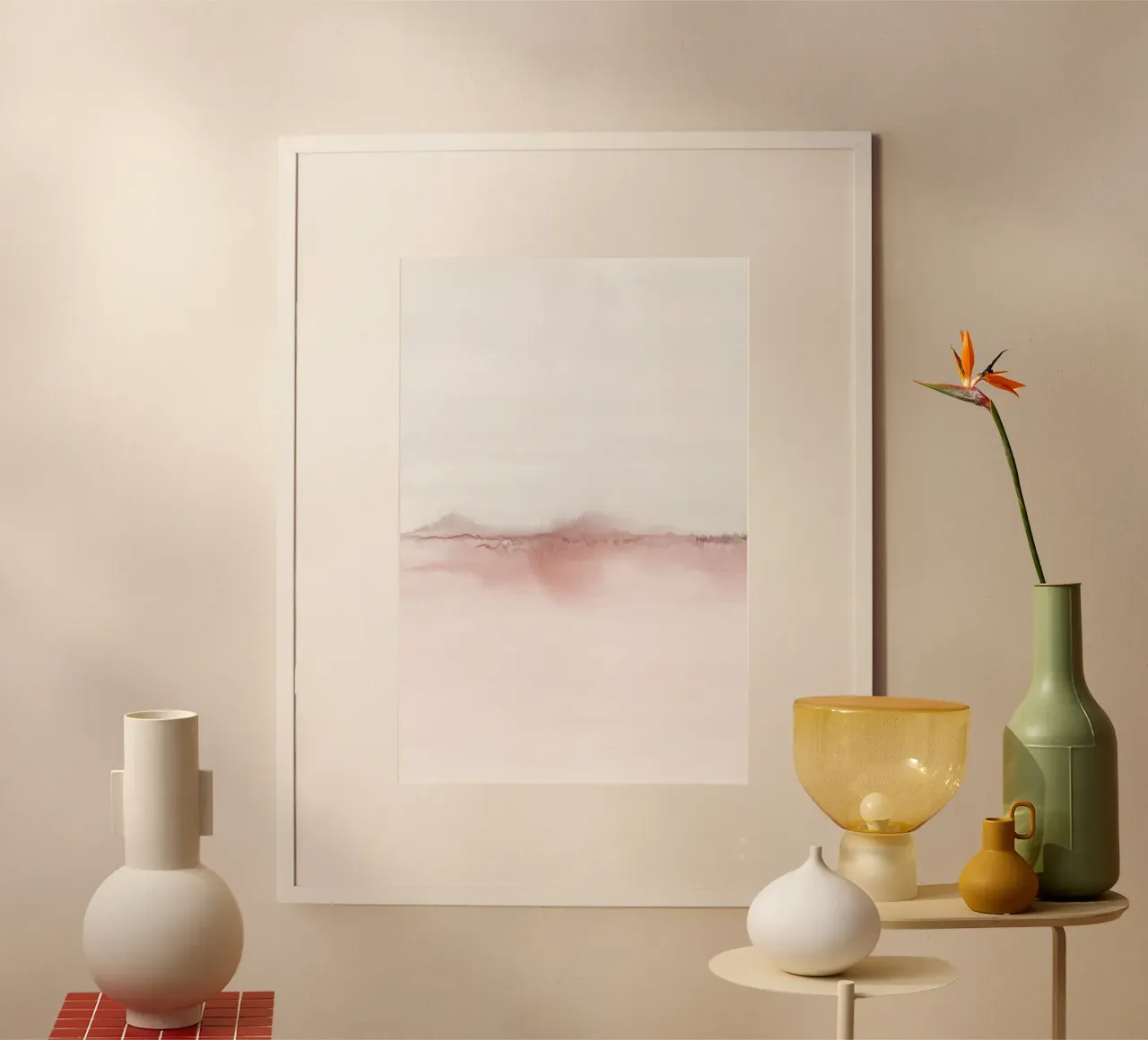 Minimalistisch roze en grijs landschap tweeluik 1/2 poster met kunststof frame van NouveauPrints