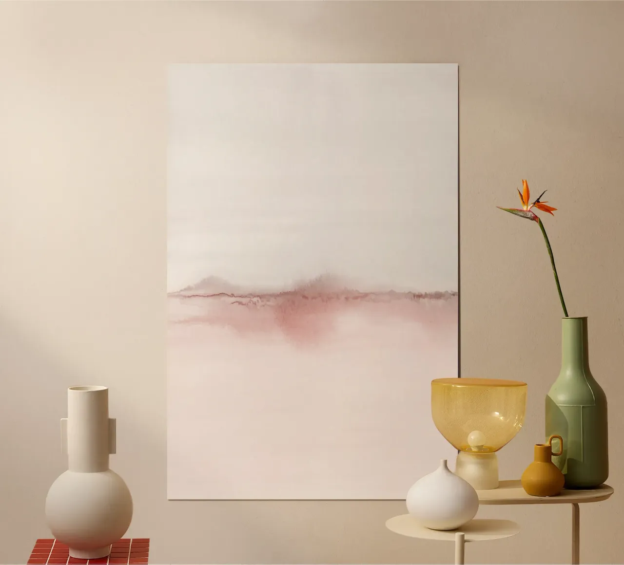 Minimalistisch roze en grijs landschap tweeluik 1/2 poster met kunststof frame van NouveauPrints