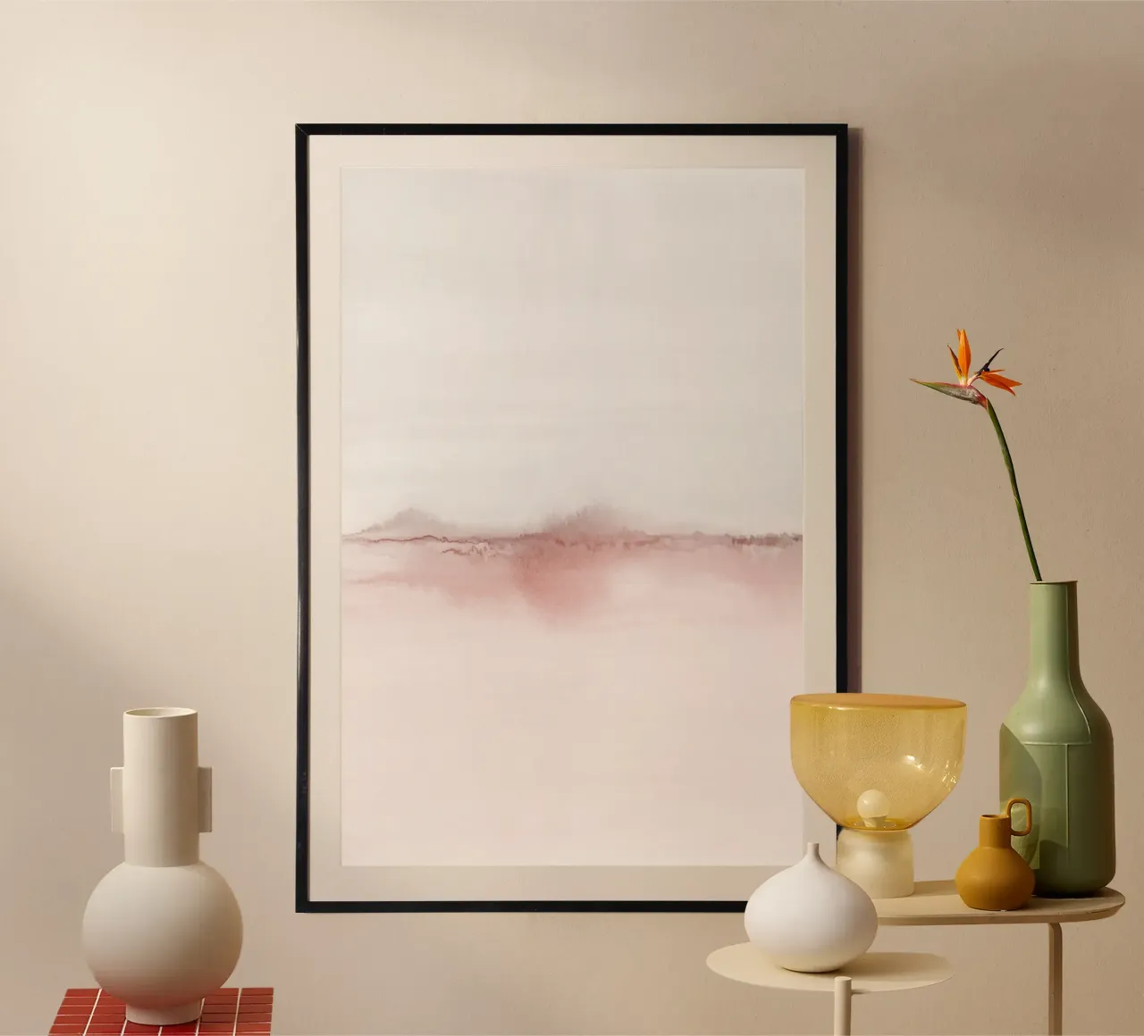 Minimalistisch roze en grijs landschap tweeluik 1/2 poster met kunststof frame van NouveauPrints