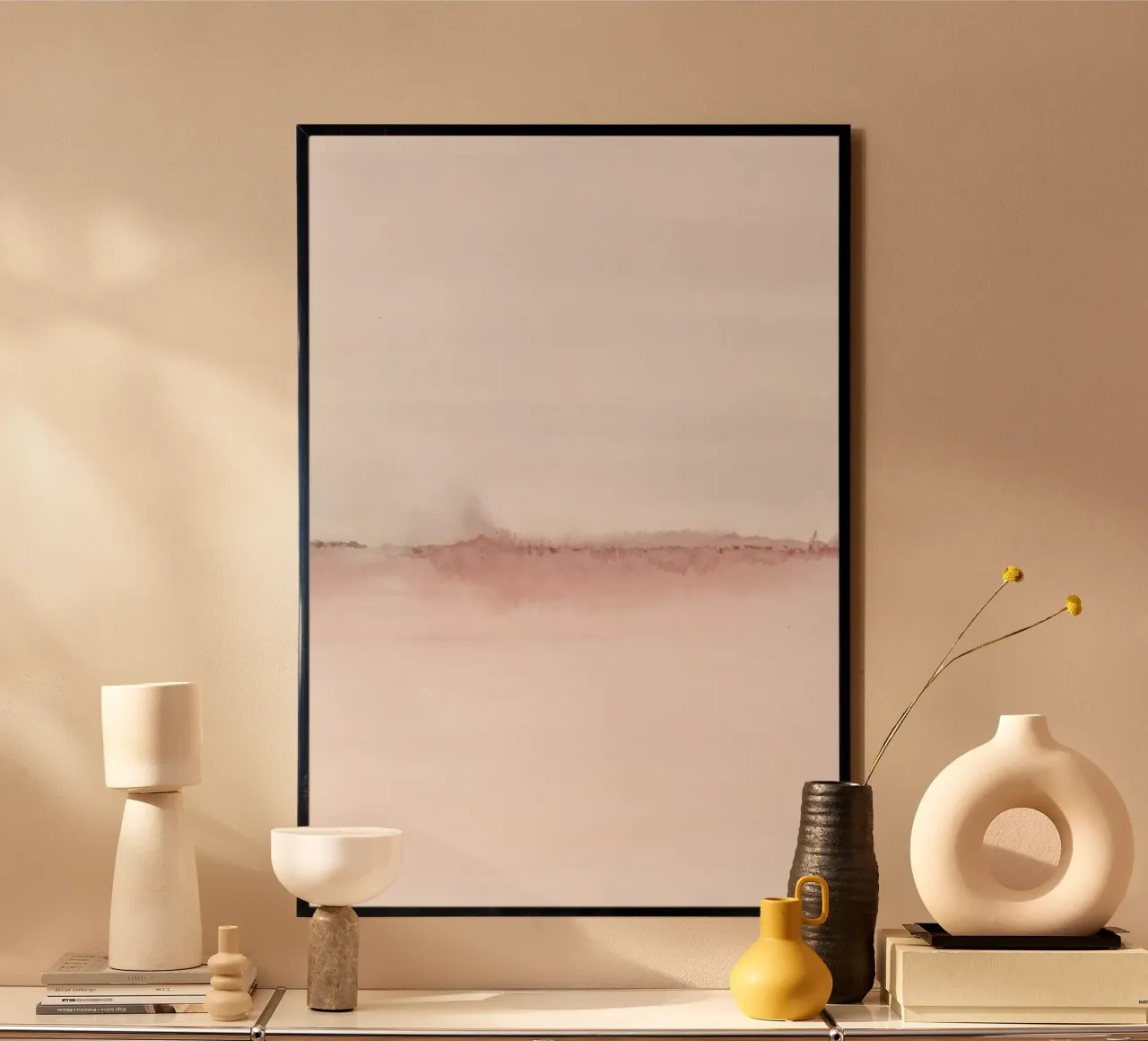 Minimalistisch roze en grijs landschap tweeluik 2/2 poster met kunststof frame van NouveauPrints