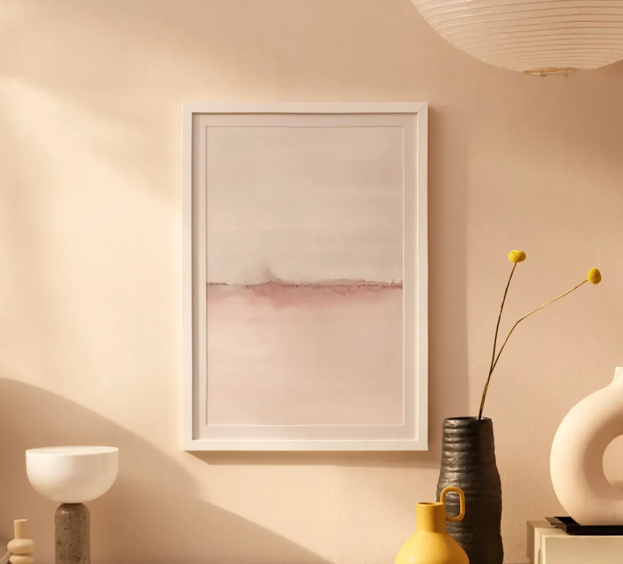 Minimalistisch roze en grijs landschap tweeluik 2/2 poster met kunststof frame van NouveauPrints