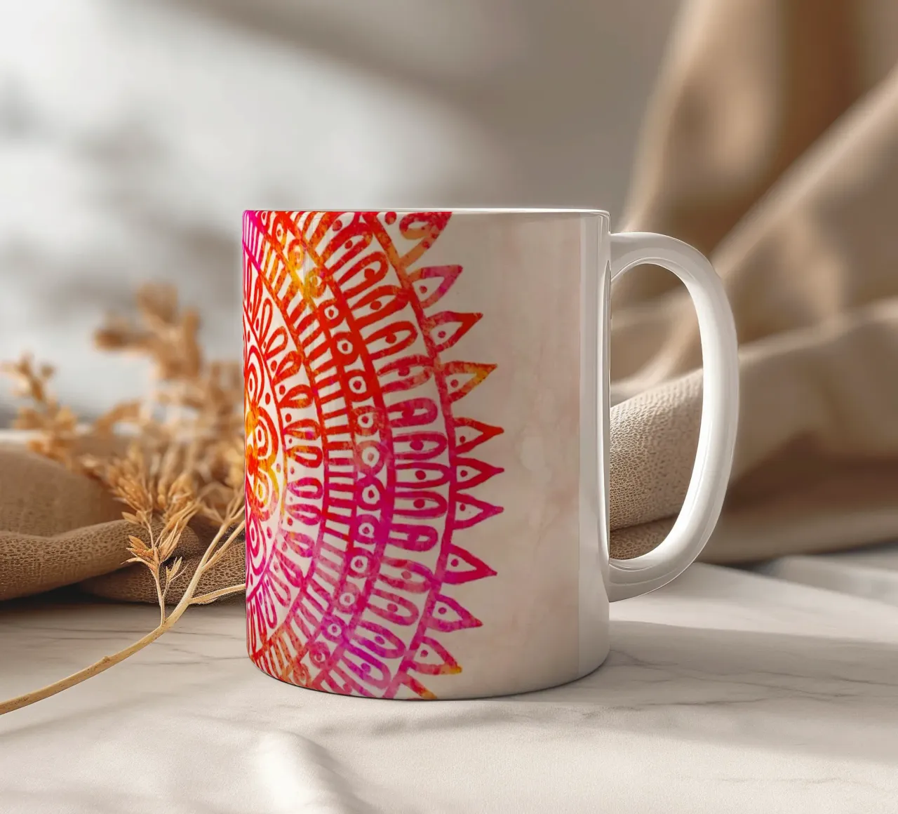 Aquarell Mandala in Rot Orange Keramik Tasse von Petra Lang