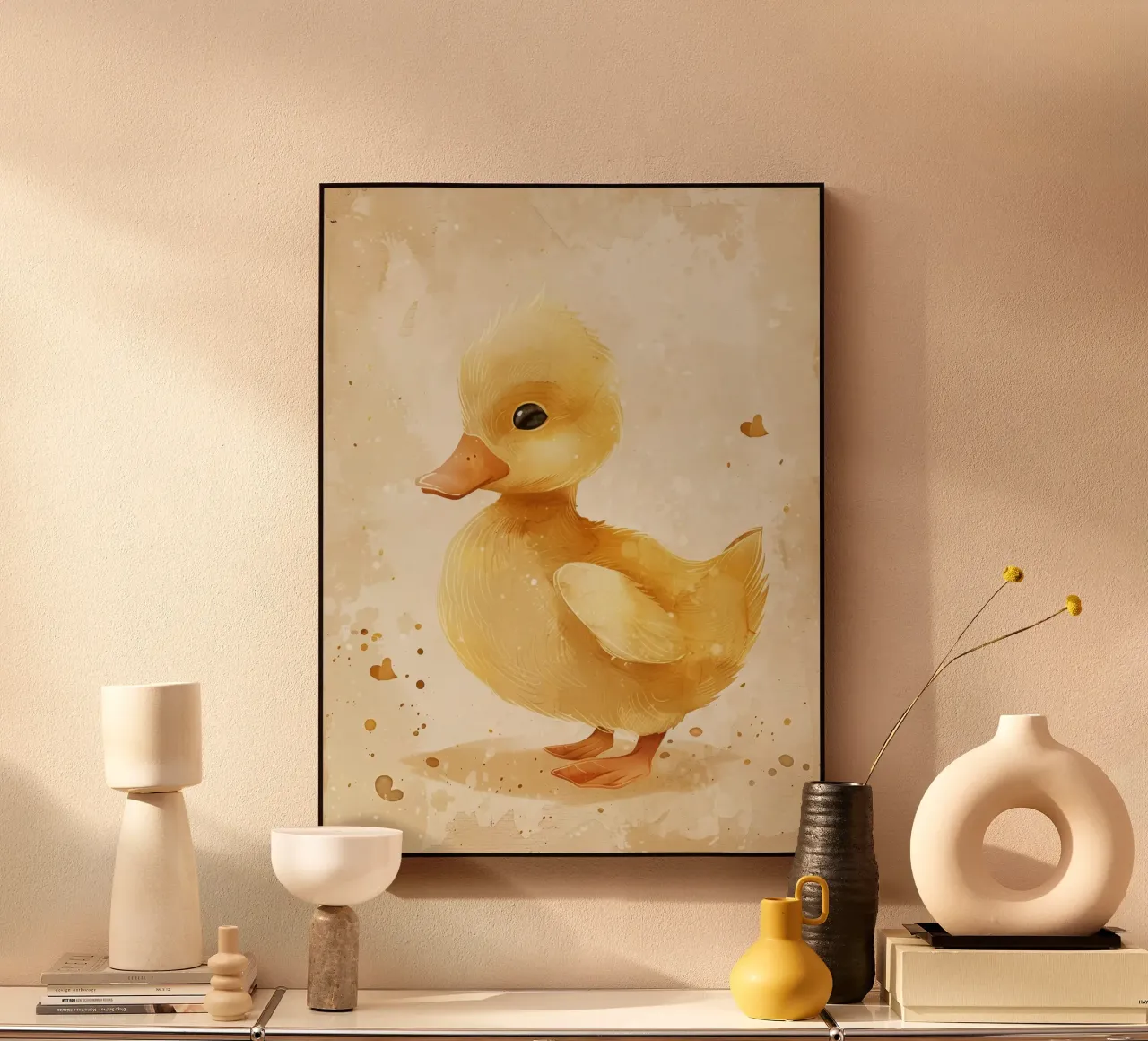 Cute yellow duckling with heart motifs and soft colors alu-dibond by DesignDoodle
