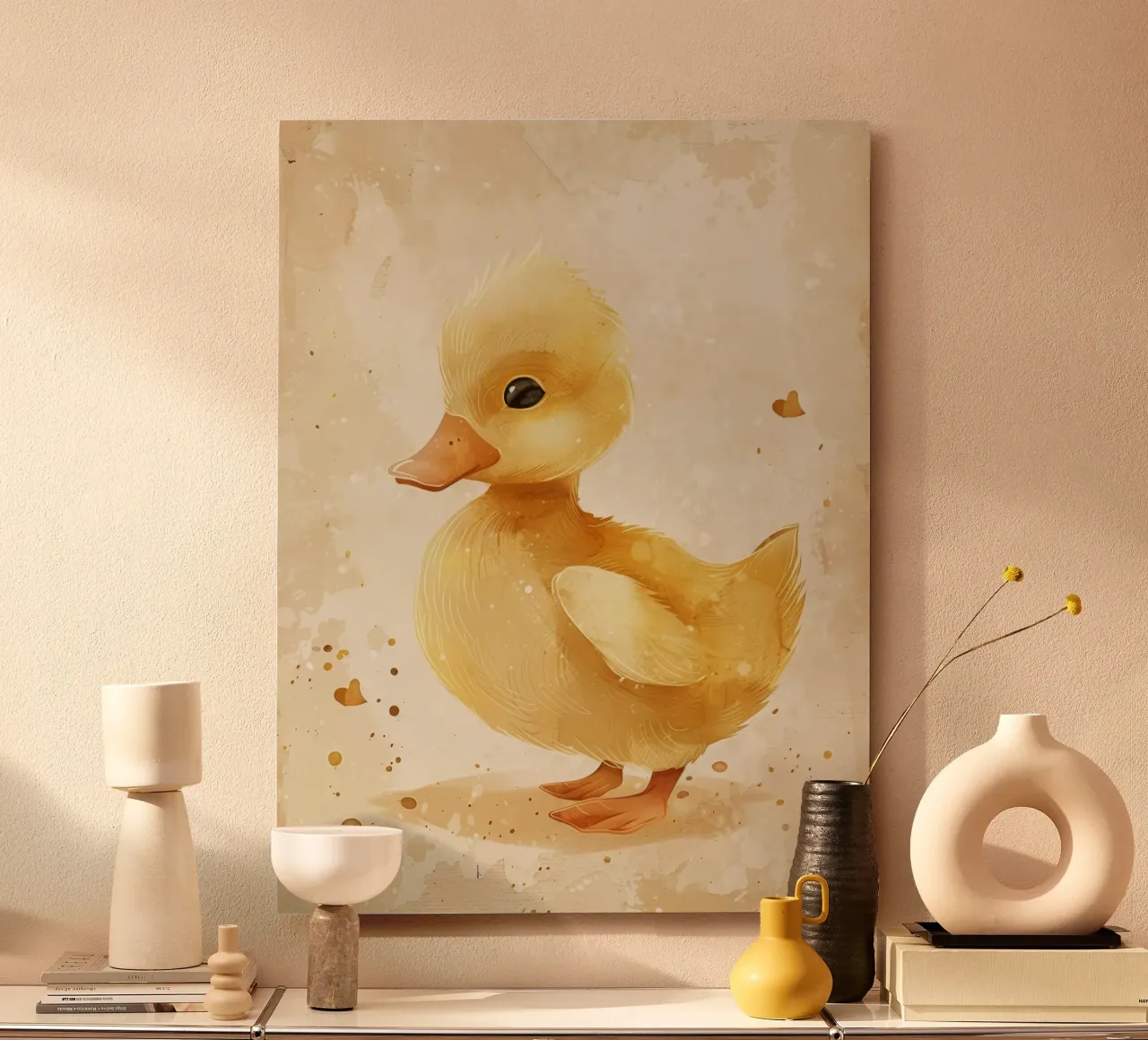 Cute yellow duckling with heart motifs and soft colors alu-dibond by DesignDoodle