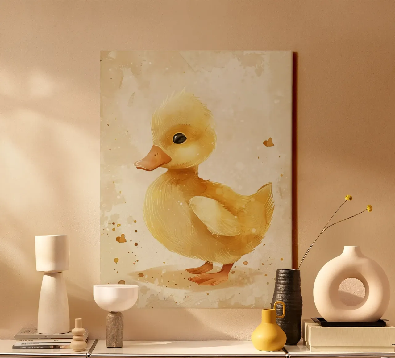 Cute yellow duckling with heart motifs and soft colors canvas by DesignDoodle
