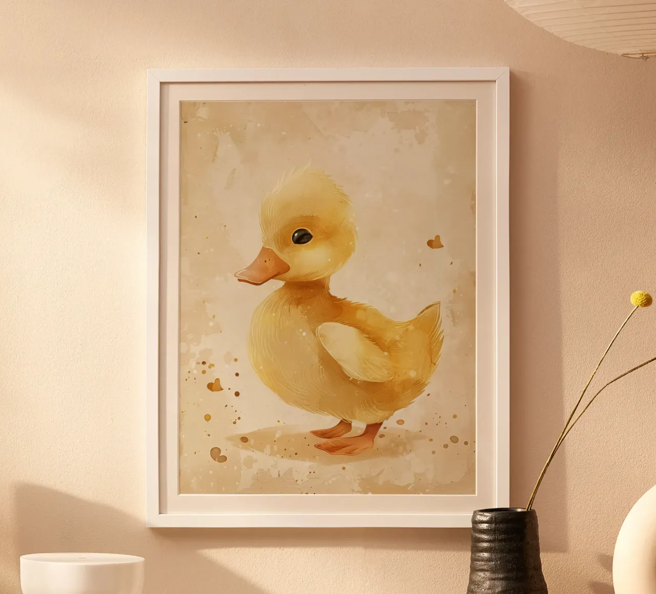 Simpatico anatroccolo giallo con motivi a cuore e colori tenui poster con telaio in alluminio da DesignDoodle