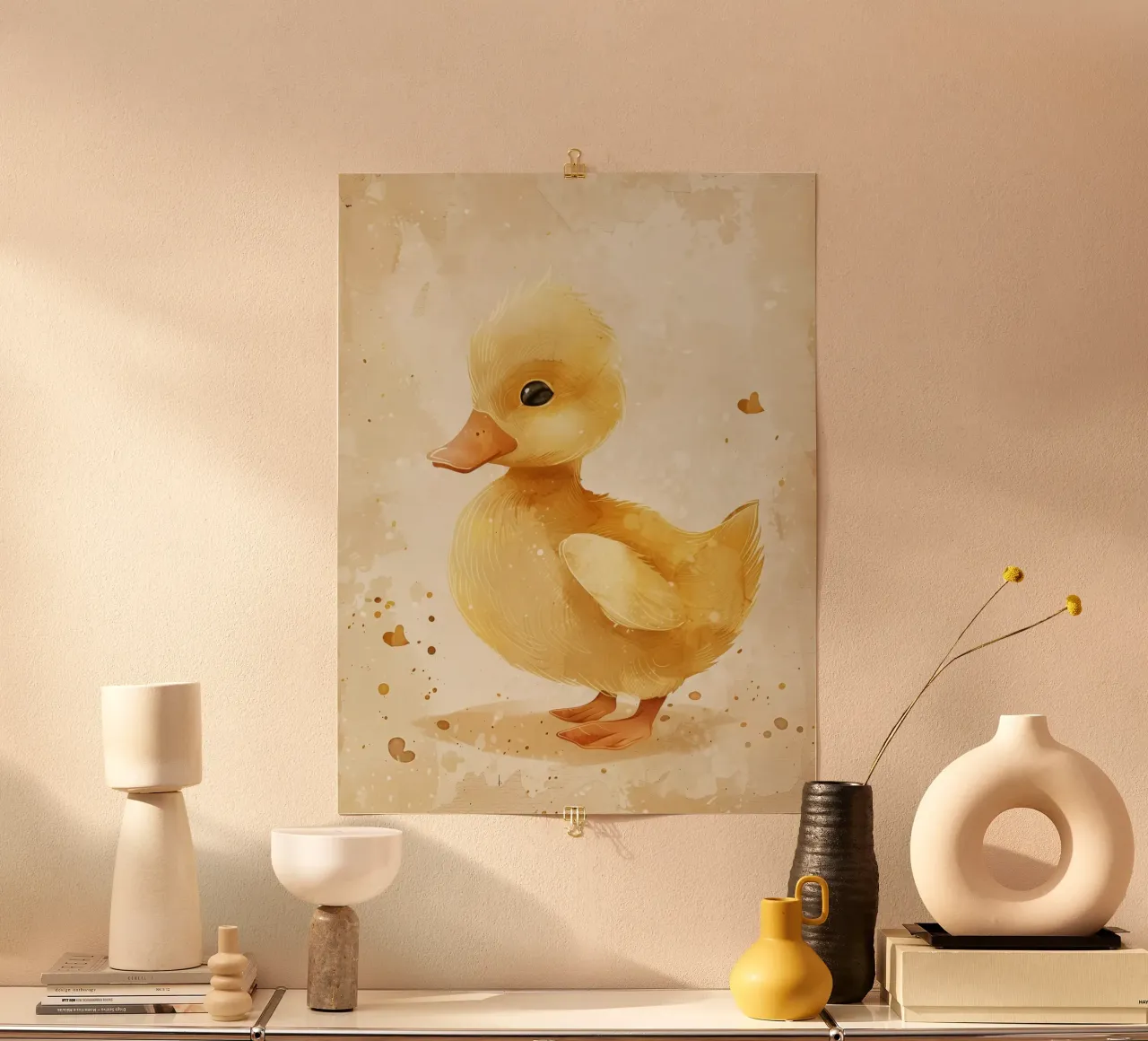 Simpatico anatroccolo giallo con motivi a cuore e colori tenui poster con telaio in alluminio da DesignDoodle