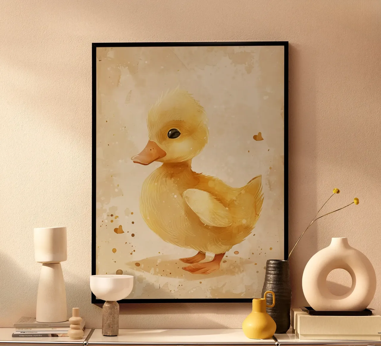 Simpatico anatroccolo giallo con motivi a cuore e colori tenui poster con telaio in alluminio da DesignDoodle