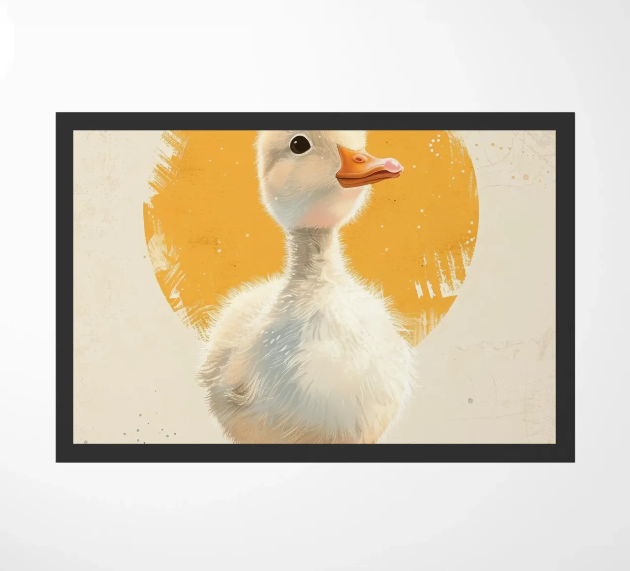 Cute duckling standing tall with a round yellow backdrop doormat by DesignDoodle