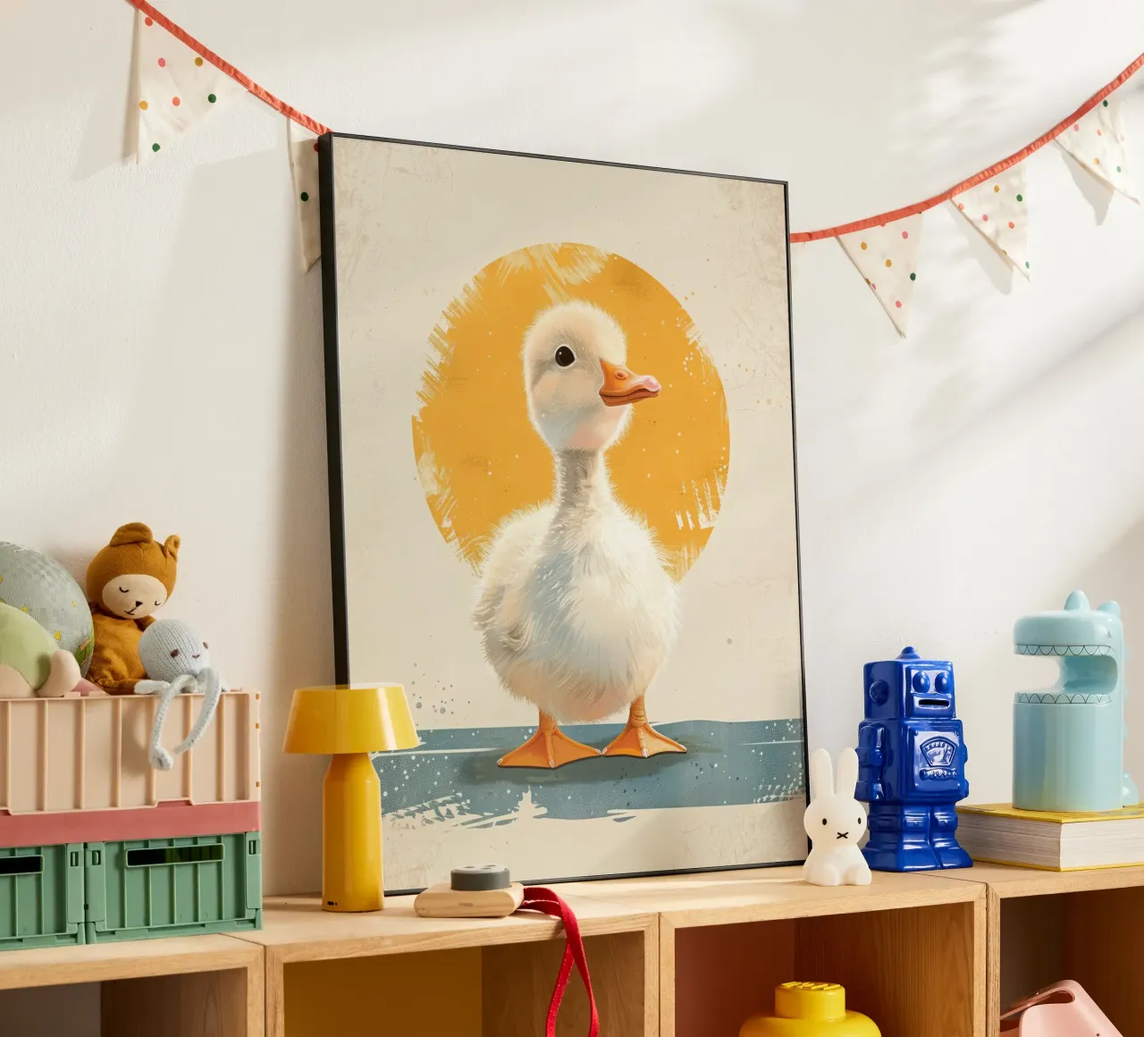 Cute duckling standing tall with a round yellow backdrop alu-dibond by DesignDoodle