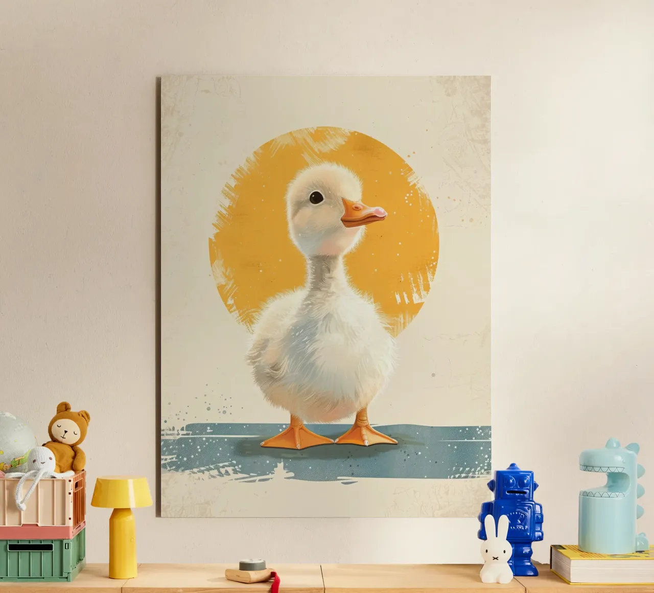 Cute duckling standing tall with a round yellow backdrop alu-dibond by DesignDoodle