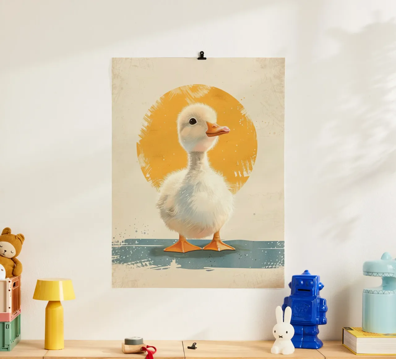 Cute duckling standing tall with a round yellow backdrop hahnemühle by DesignDoodle
