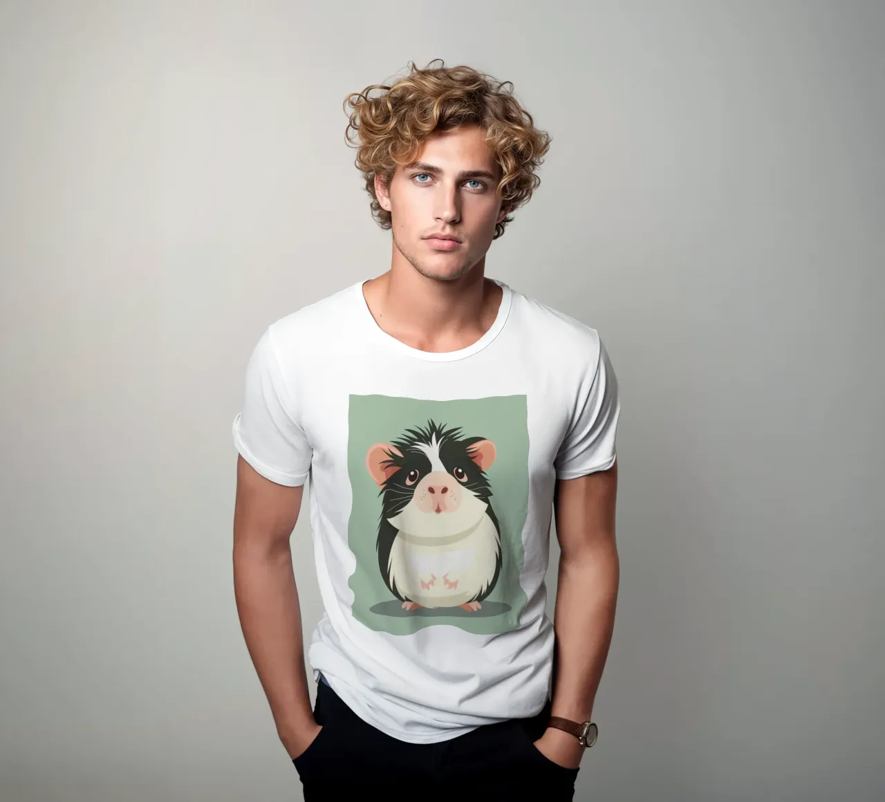 Mignon cochon d'Inde noir et blanc illustré dans un vert clair. t-shirt de DesignDoodle