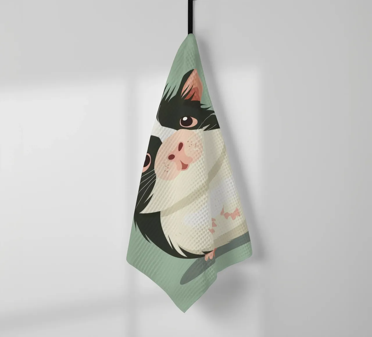 Mignon cochon d'Inde noir et blanc illustré dans un vert clair. torchon de DesignDoodle