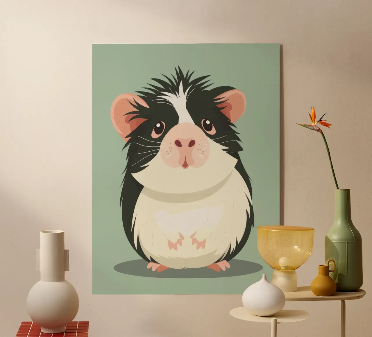 Simpática cobaya en blanco y negro ilustrada en un verde claro metacrilato de DesignDoodle