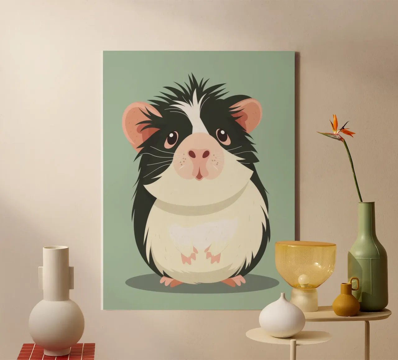 Mignon cochon d'Inde noir et blanc illustré dans un vert clair. toile avec Caisse américaine de DesignDoodle