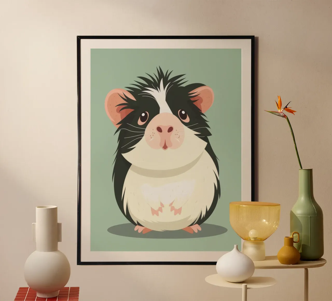 Mignon cochon d'Inde noir et blanc illustré dans un vert clair. hahnemühle de DesignDoodle