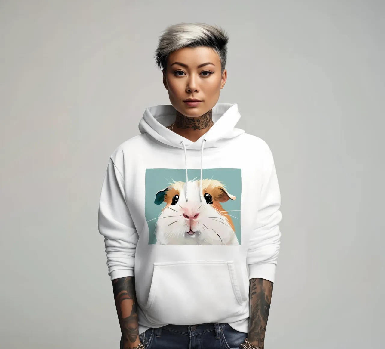 Simpática cobaya en blanco y negro ilustrada en un verde claro sudadera con capucha de DesignDoodle