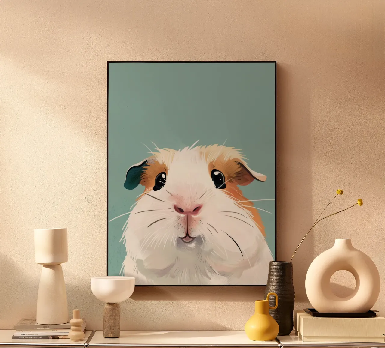 Mignon cochon d'Inde noir et blanc illustré dans un vert clair. alu dibond de DesignDoodle