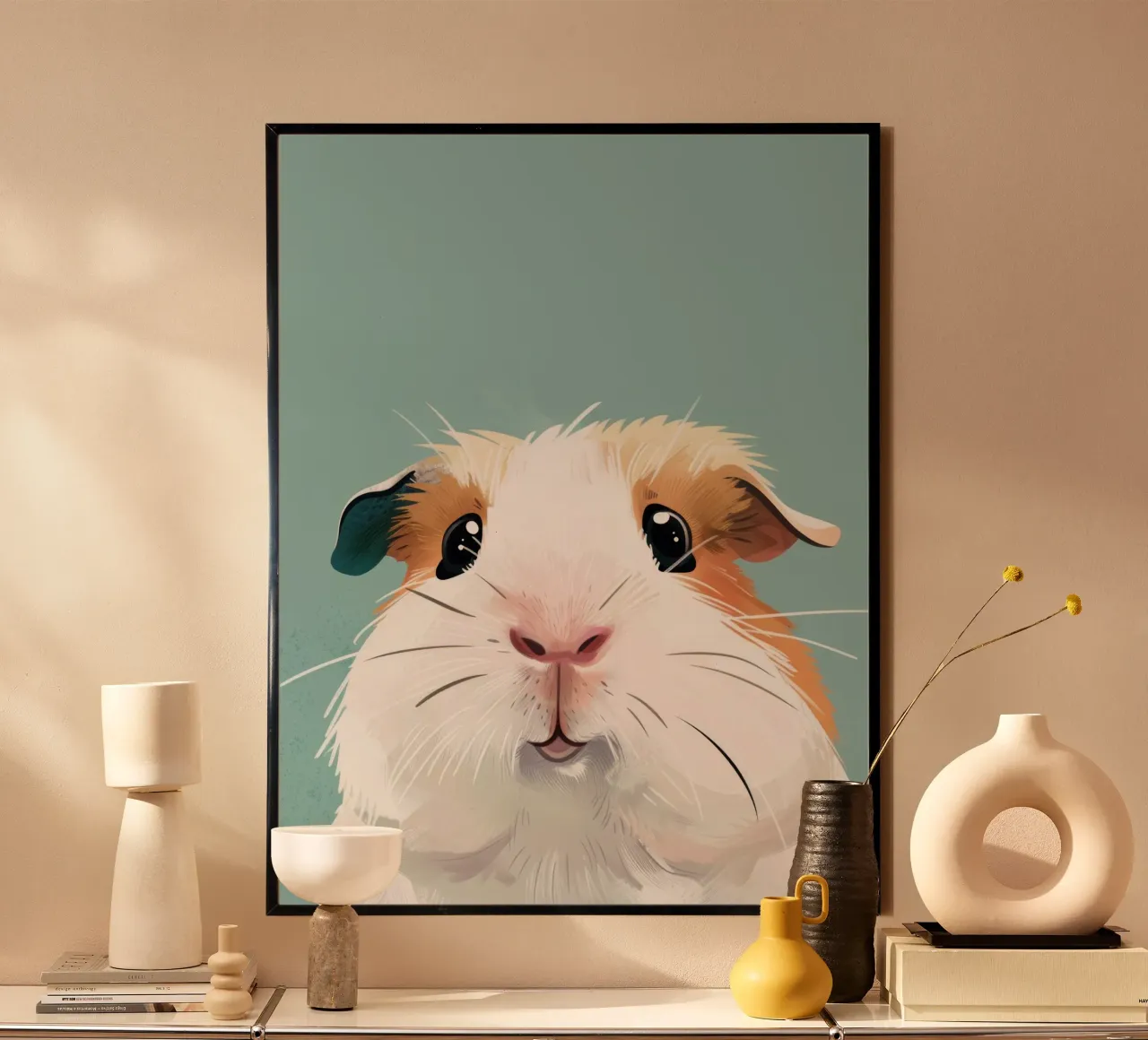 Mignon cochon d'Inde noir et blanc illustré dans un vert clair. poster avec cadre en aluminium de DesignDoodle