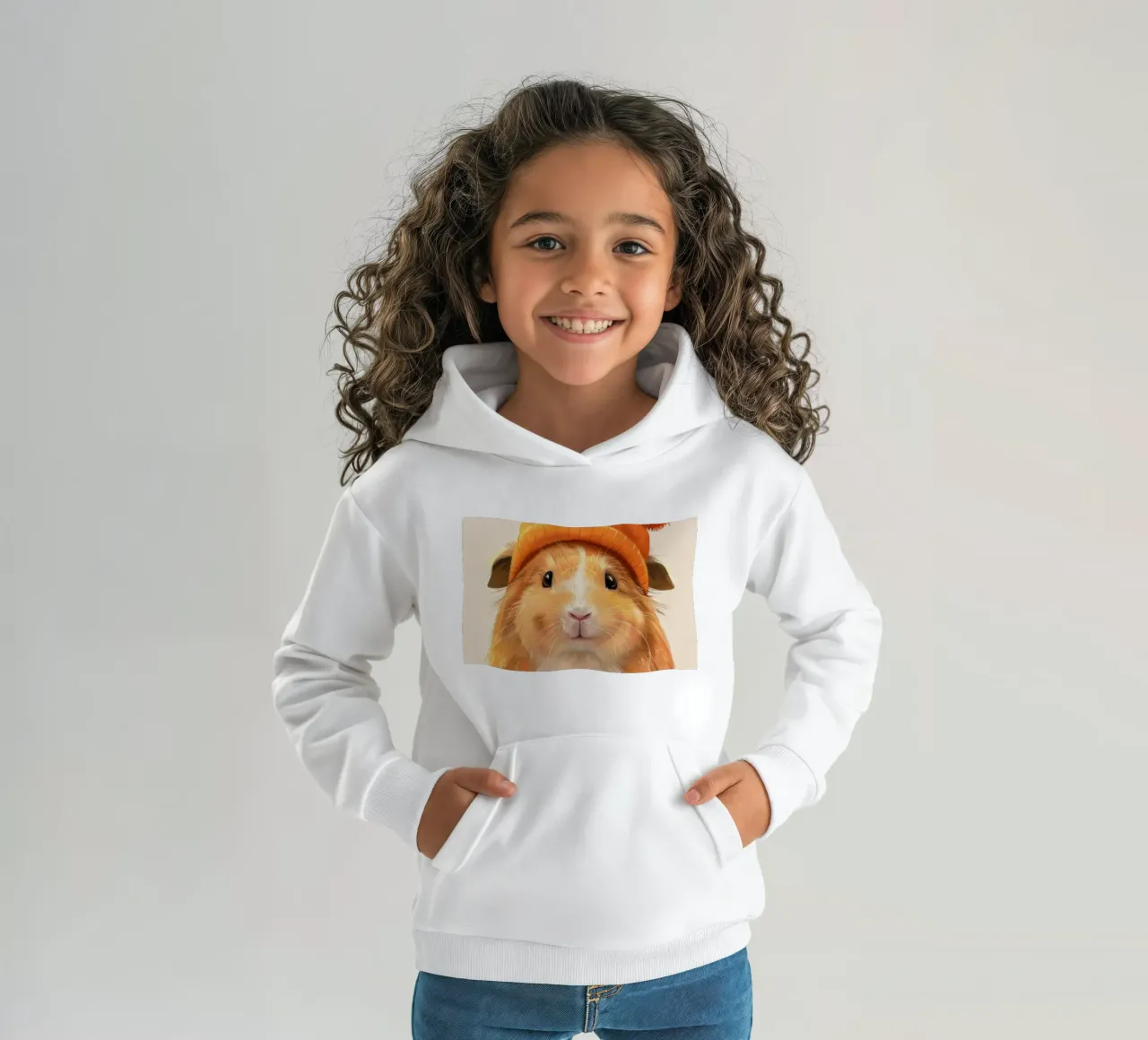 Cute guinea pig wearing an orange hat kids hoodie by DesignDoodle