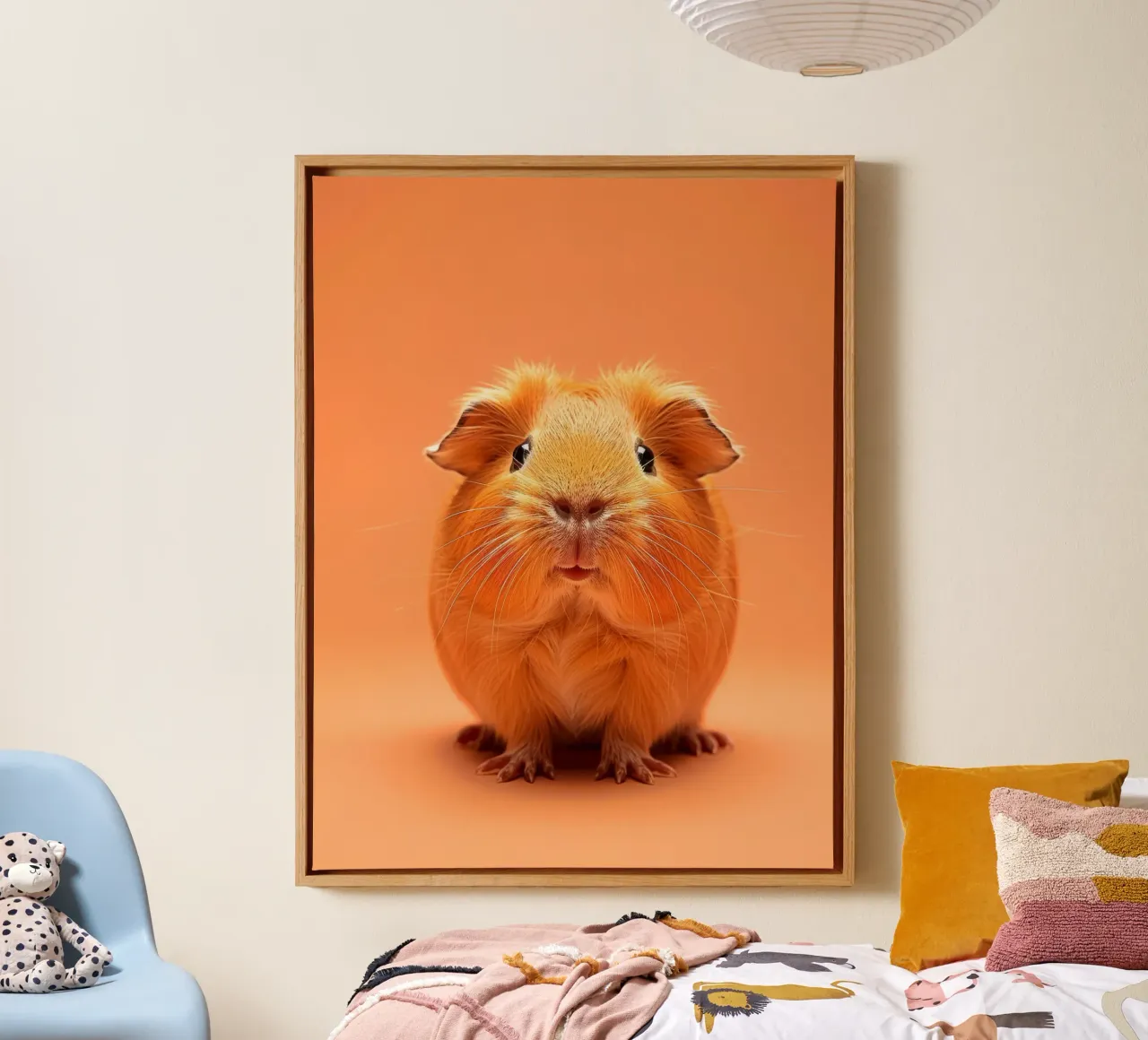 Mignon cochon d'Inde à la fourrure duveteuse posant sur un tableau orange toile avec Caisse américaine de DesignDoodle