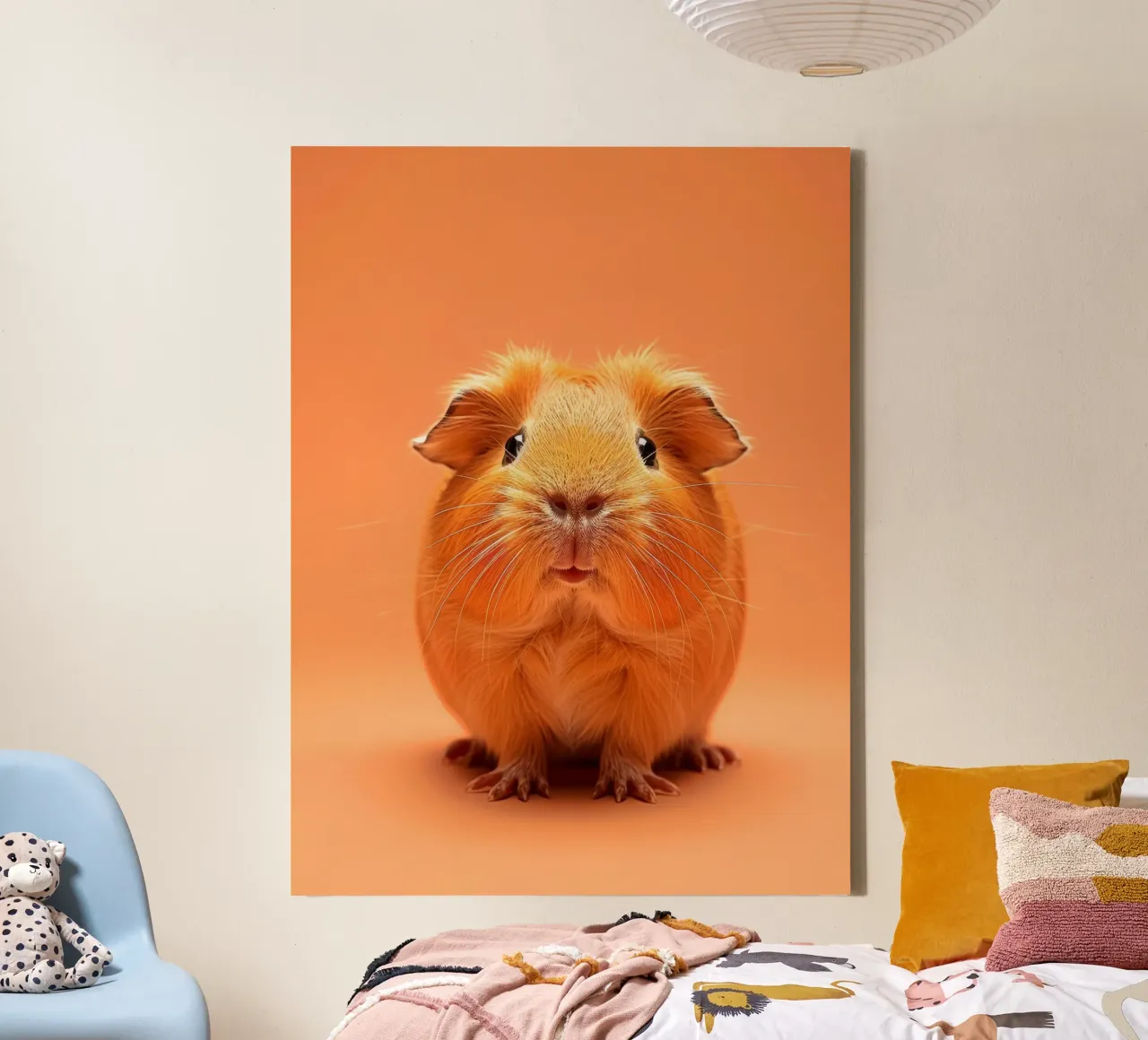 Mignon cochon d'Inde à la fourrure duveteuse posant sur un tableau orange toile avec Caisse américaine de DesignDoodle