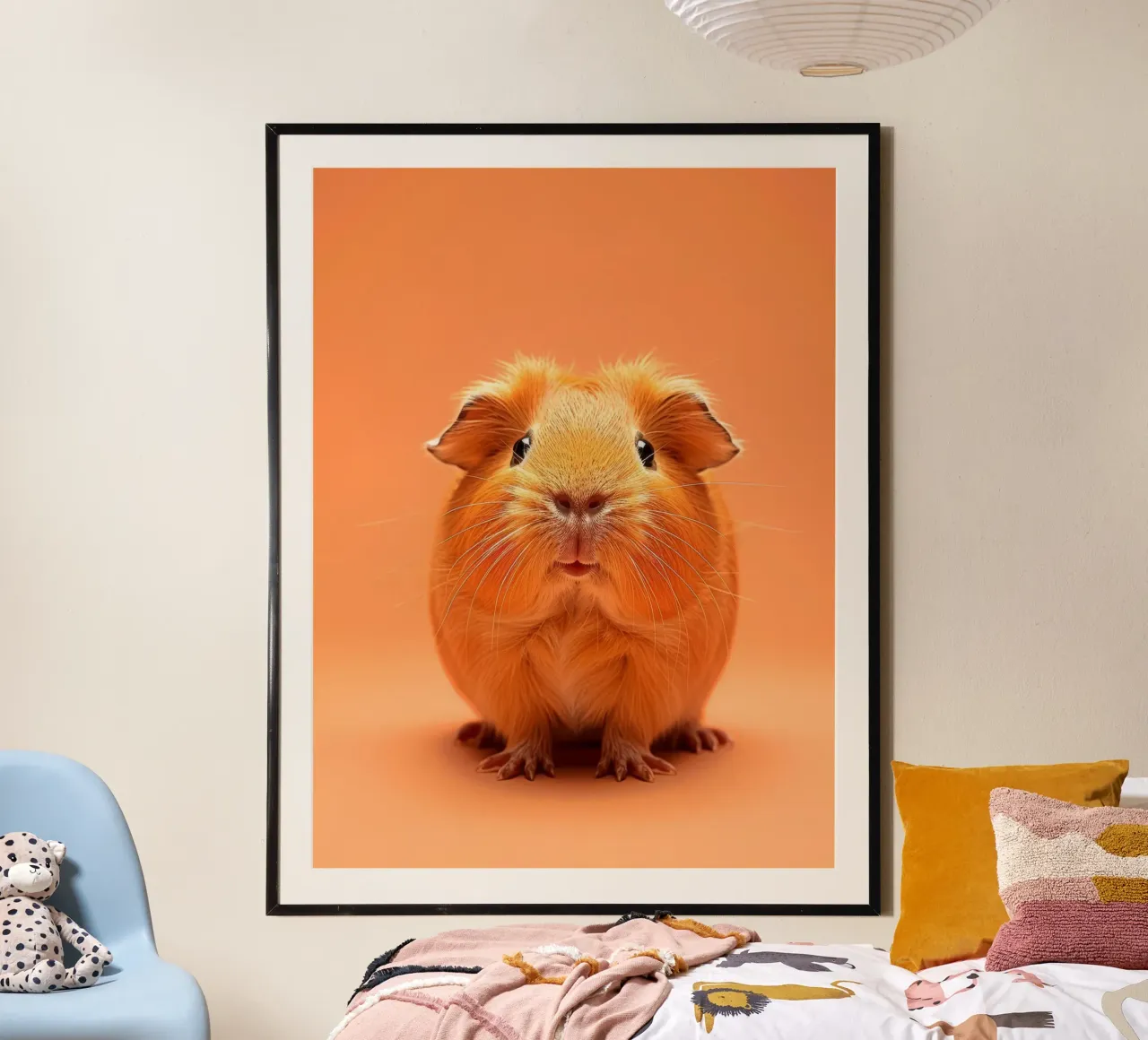 Mignon cochon d'Inde à la fourrure duveteuse posant sur un tableau orange poster de DesignDoodle