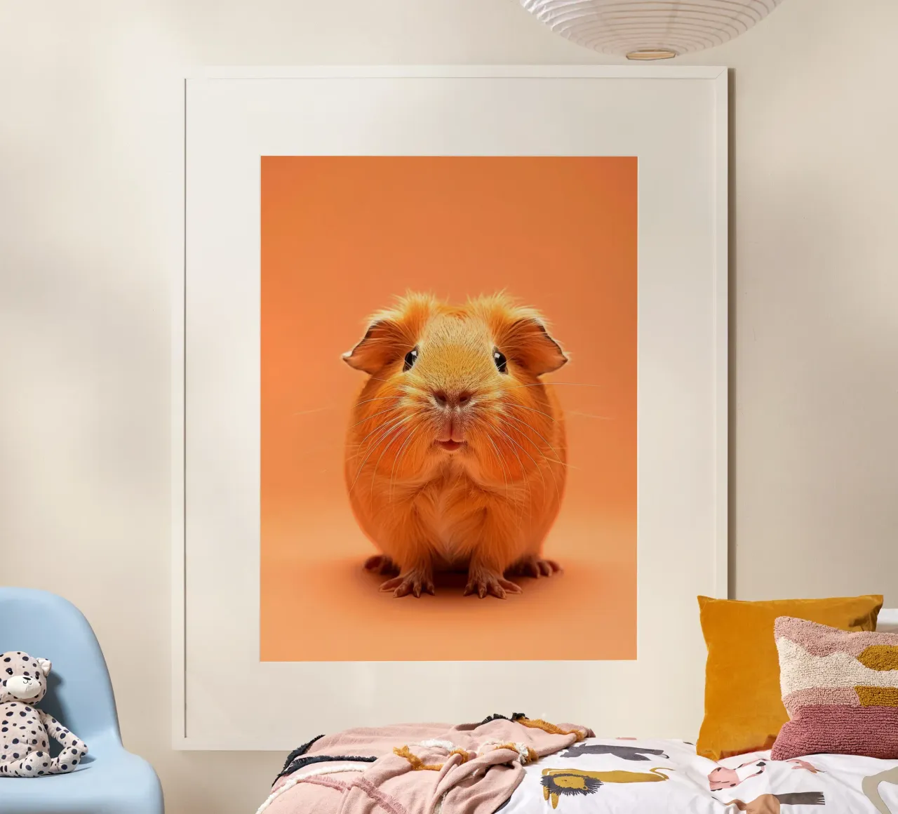 Mignon cochon d'Inde à la fourrure duveteuse posant sur un tableau orange poster de DesignDoodle