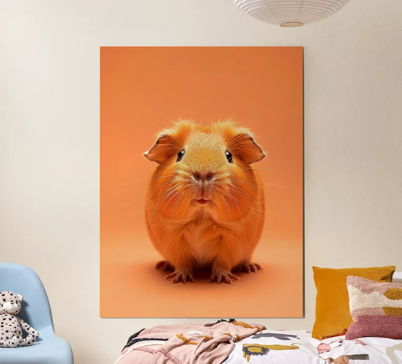 Mignon cochon d'Inde à la fourrure duveteuse posant sur un tableau orange poster de DesignDoodle